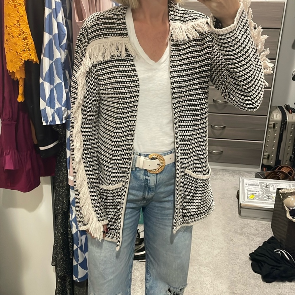 EUC fringe black and white cardigan sweater